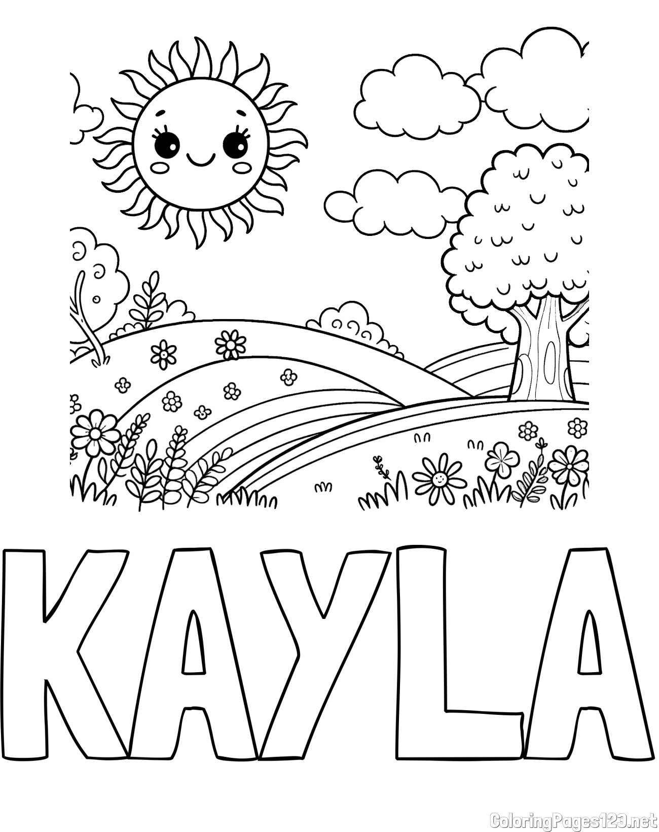 KAYLA Coloring Page and Sunny Nature Coloring Page