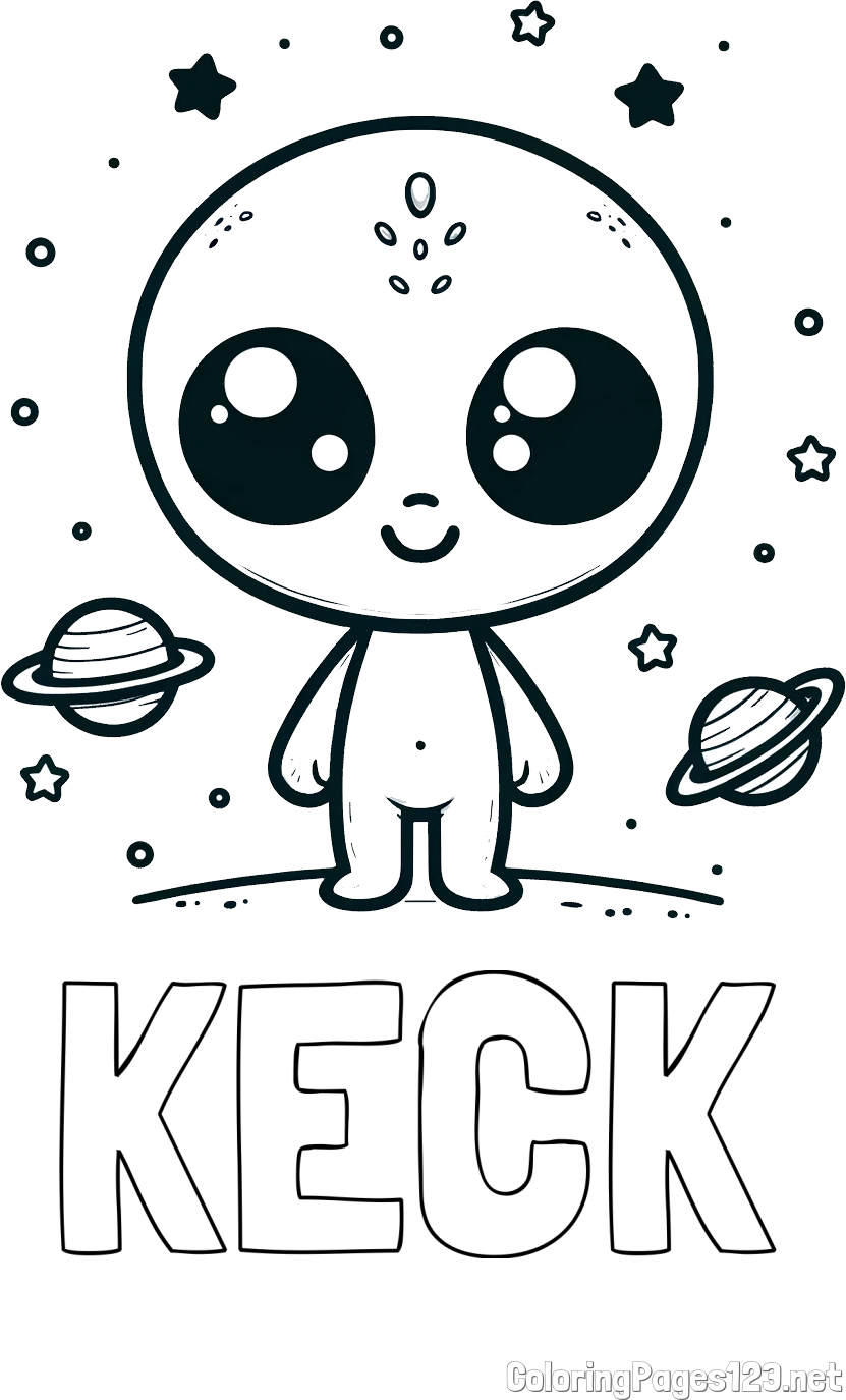 KECK Coloring Page and Cute Alien Coloring Page - Smiling with Planets and Stars