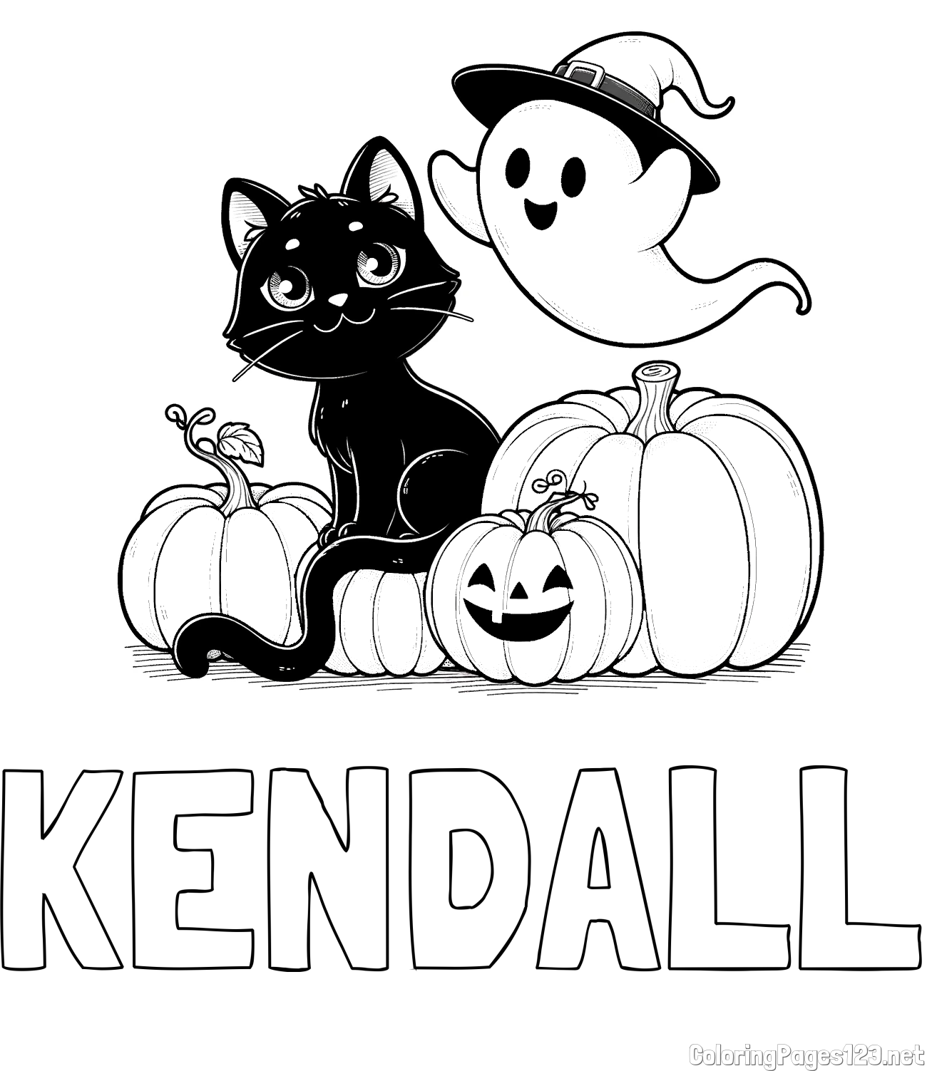 KENDALL Coloring Page and Halloween Pumpkin Coloring Page for Kids - Happy Cat, Ghost, and Pumpkins