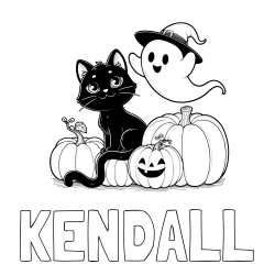 Online Created Coloring Page - KENDALL Coloring Page and Halloween Pumpkin Coloring Page for Kids - Happy Cat, Ghost, and Pumpkins