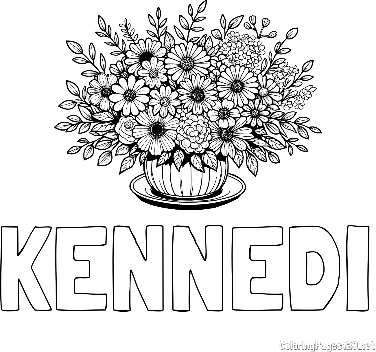 KENNEDI Coloring Page and Beautiful Bouquet of Flowers Coloring Page