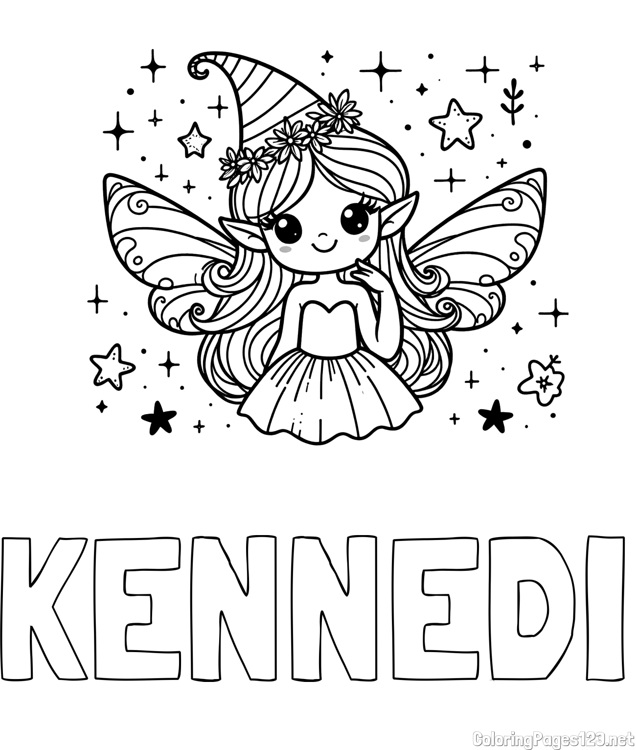 KENNEDI Coloring Page and Coloring Page of a Cute and Smiling Magical Fairy