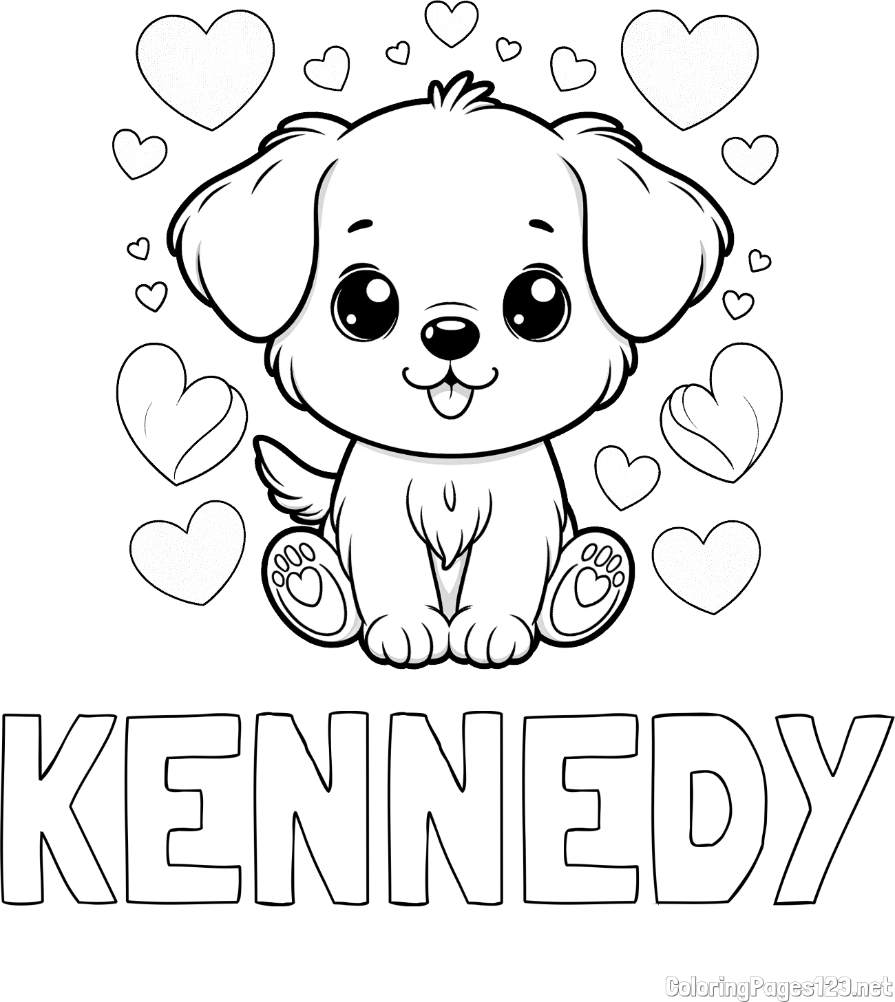 KENNEDY Coloring Page and Coloring Page of a Cute Dog and Hearts