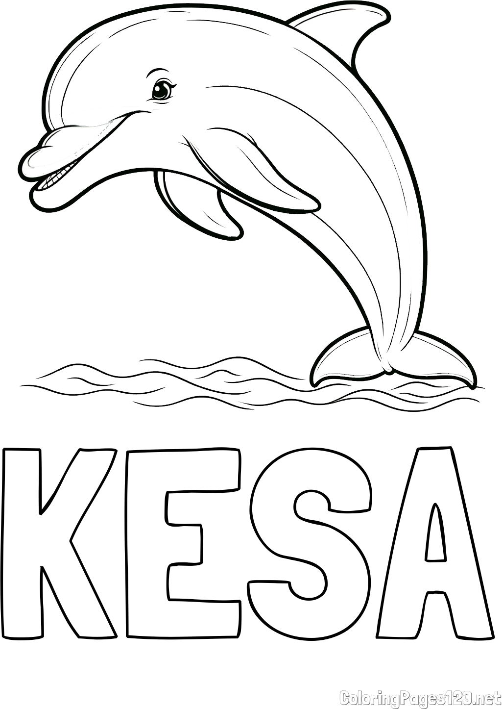 KESA Coloring Page and Children's Coloring Page of a Smiling Dolphin Jumping