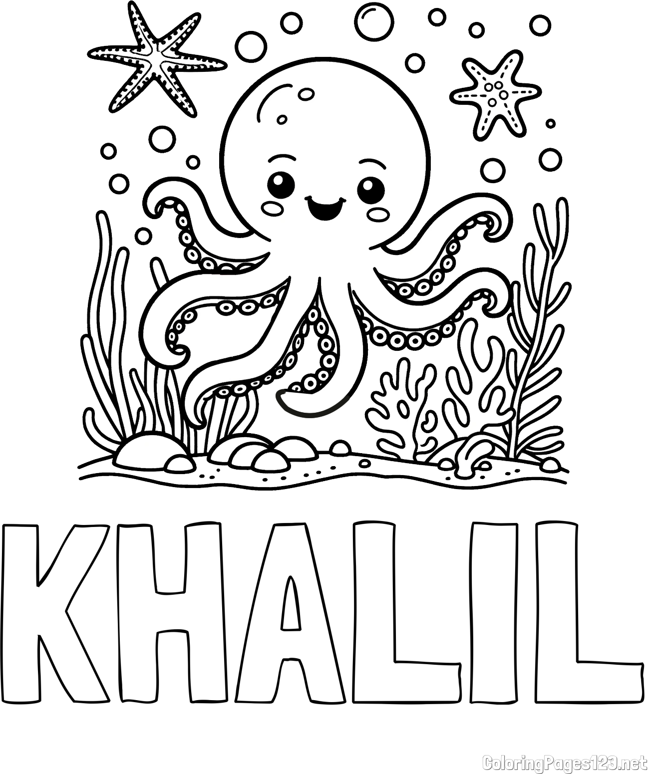 KHALIL Coloring Page and Coloring Page of a Cute Octopus in the Ocean