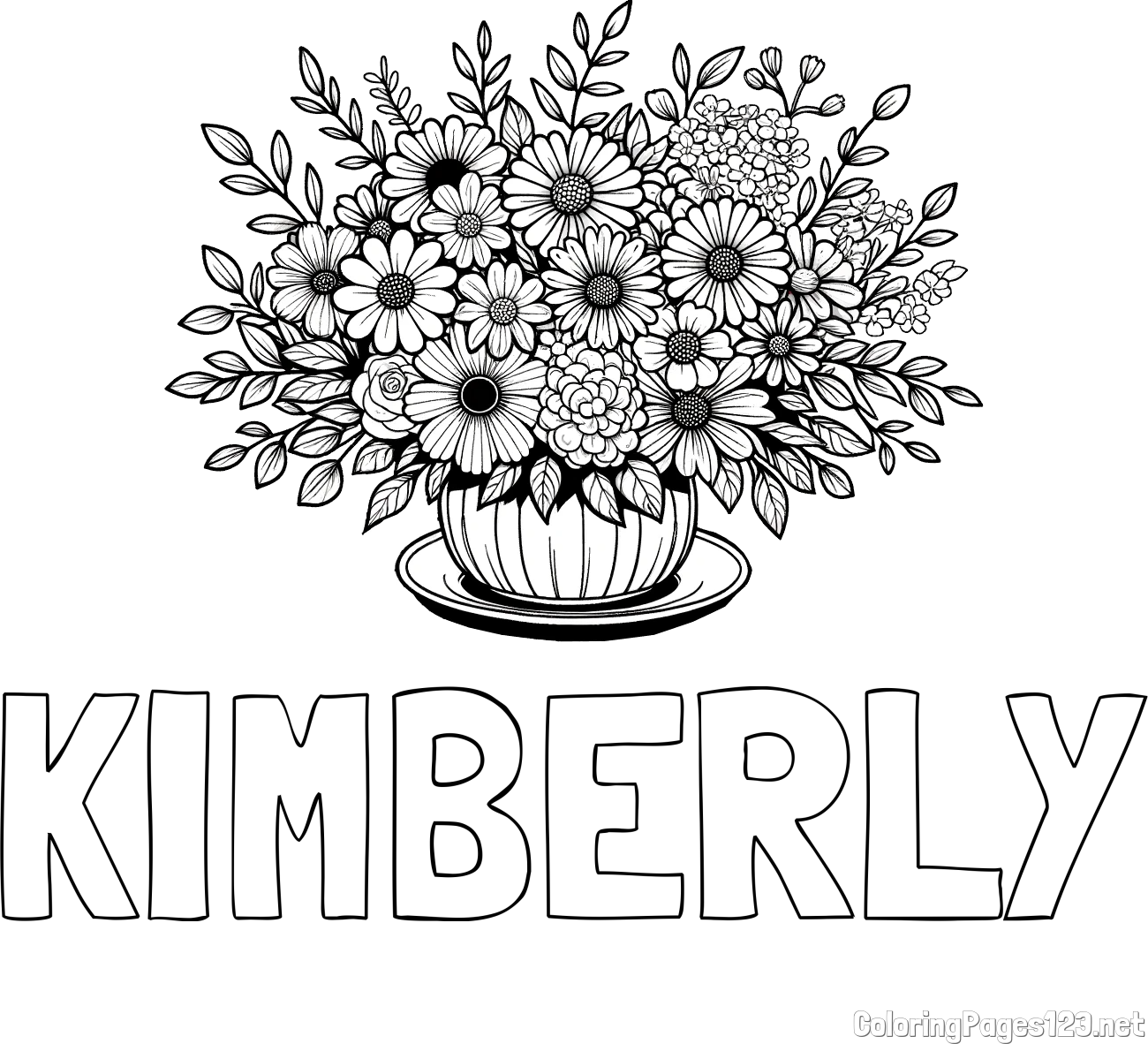 KIMBERLY Coloring Page and Beautiful Bouquet of Flowers Coloring Page