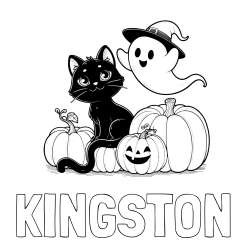 Online Created Coloring Page - KINGSTON Coloring Page and Halloween Pumpkin Coloring Page for Kids - Happy Cat, Ghost, and Pumpkins