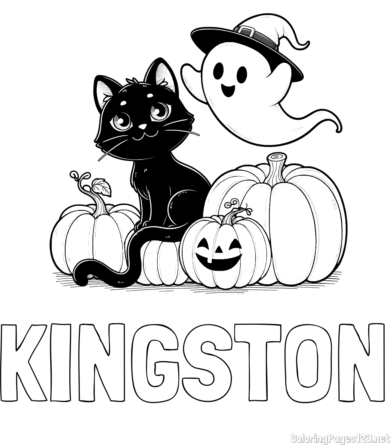 KINGSTON Coloring Page and Halloween Pumpkin Coloring Page for Kids - Happy Cat, Ghost, and Pumpkins