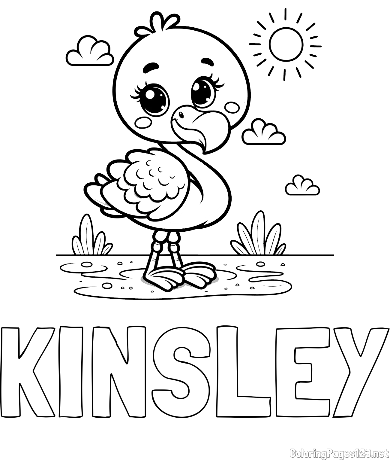 KINSLEY Coloring Page and Easy Coloring Page of a Cute Flamingo