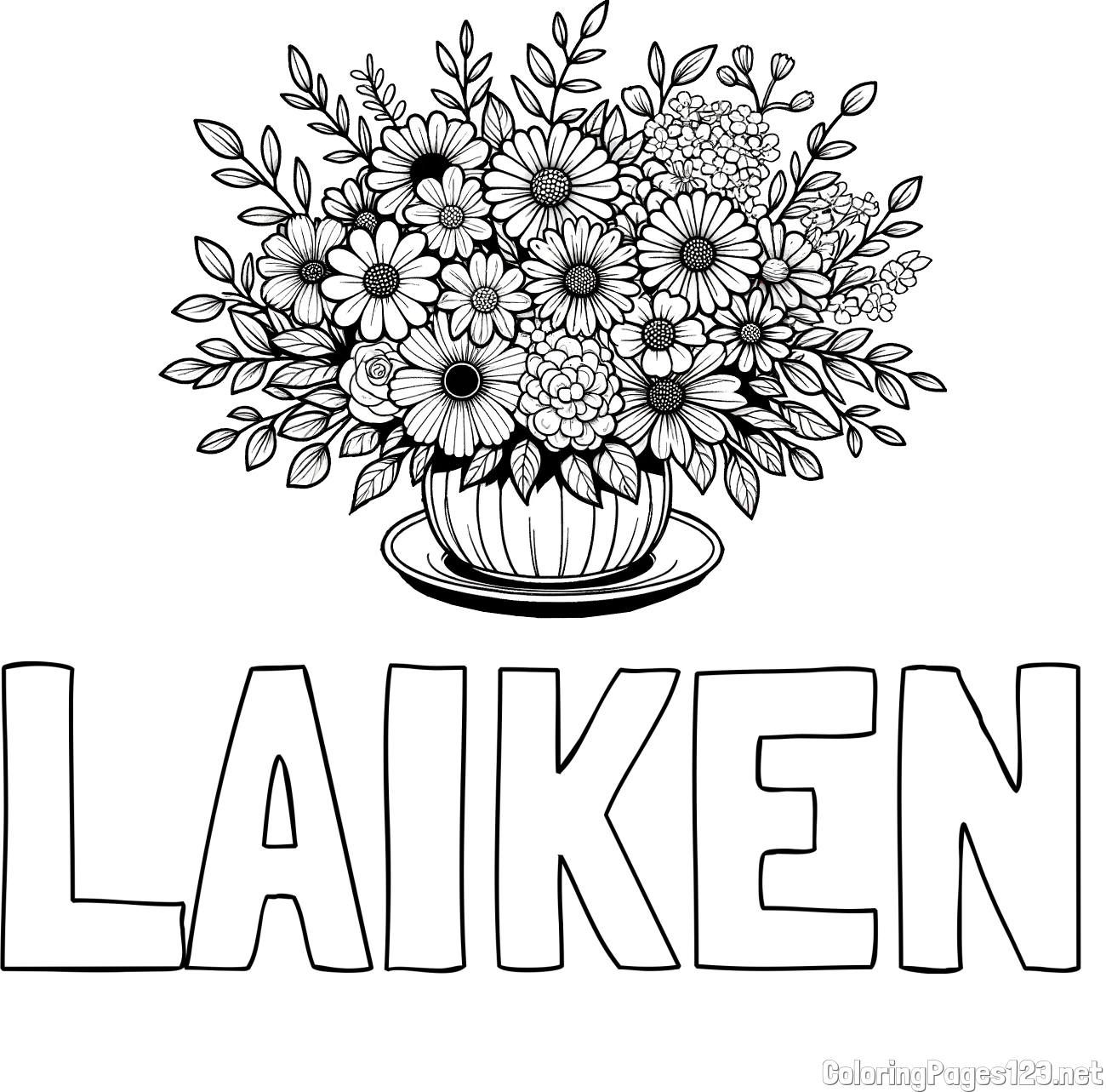 LAIKEN Coloring Page and Beautiful Bouquet of Flowers Coloring Page