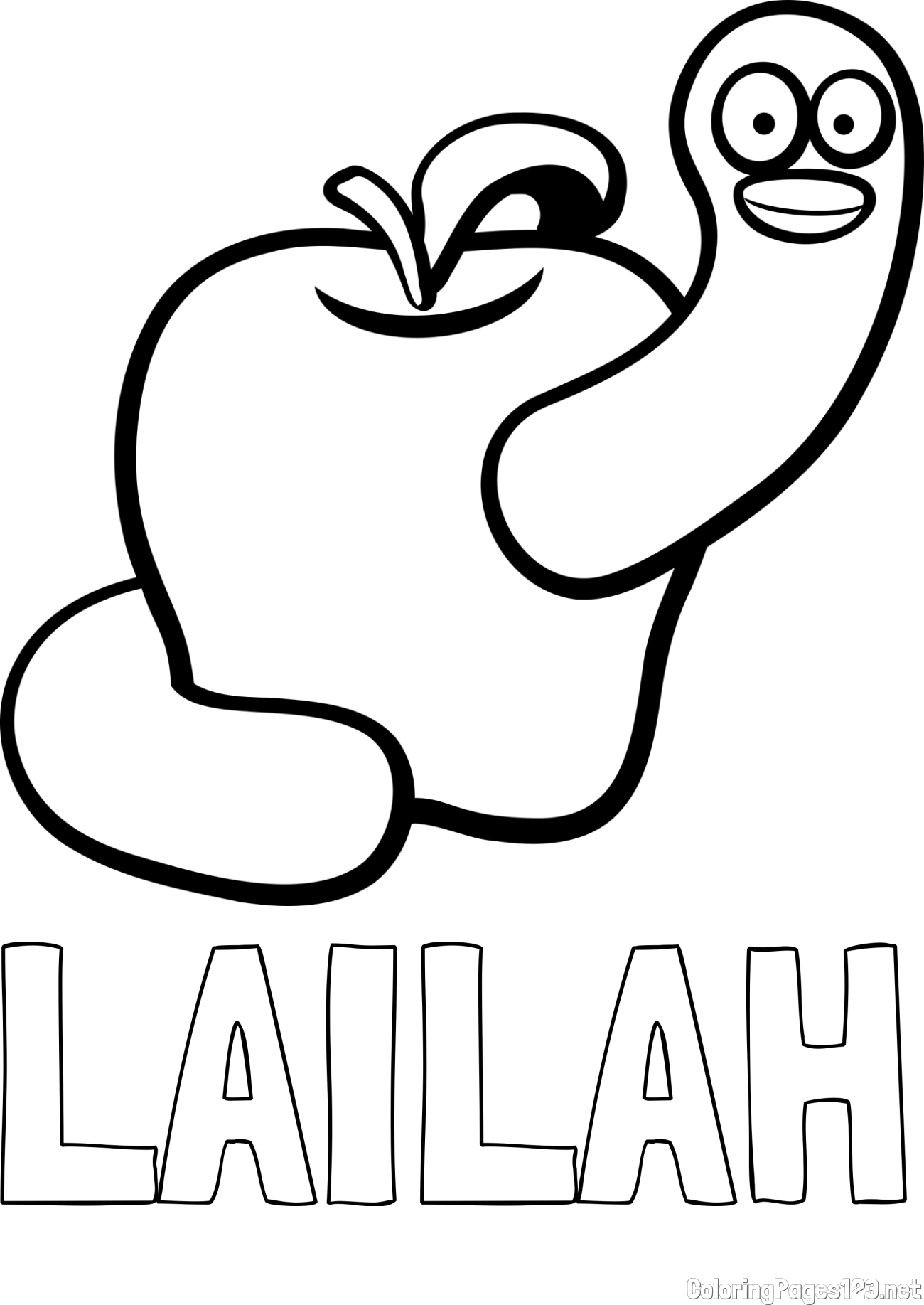 LAILAH Coloring Page and Apple and Smiling Worm Coloring Page