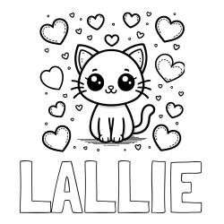 LALLIE Coloring Page and Free Coloring Page of a Cat and Hearts