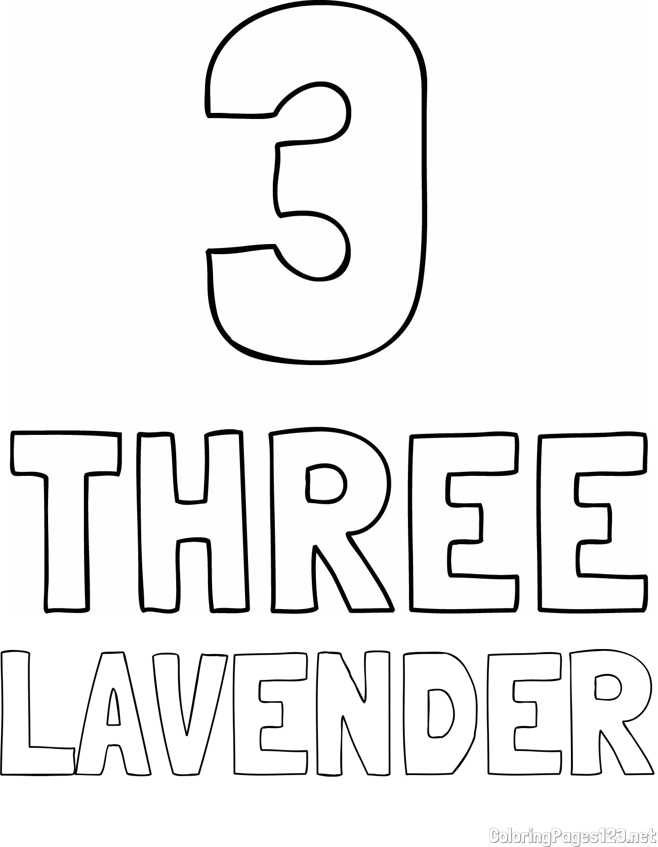 LAVENDER Coloring Page and Coloring of the Number Three (3) with the Written Name