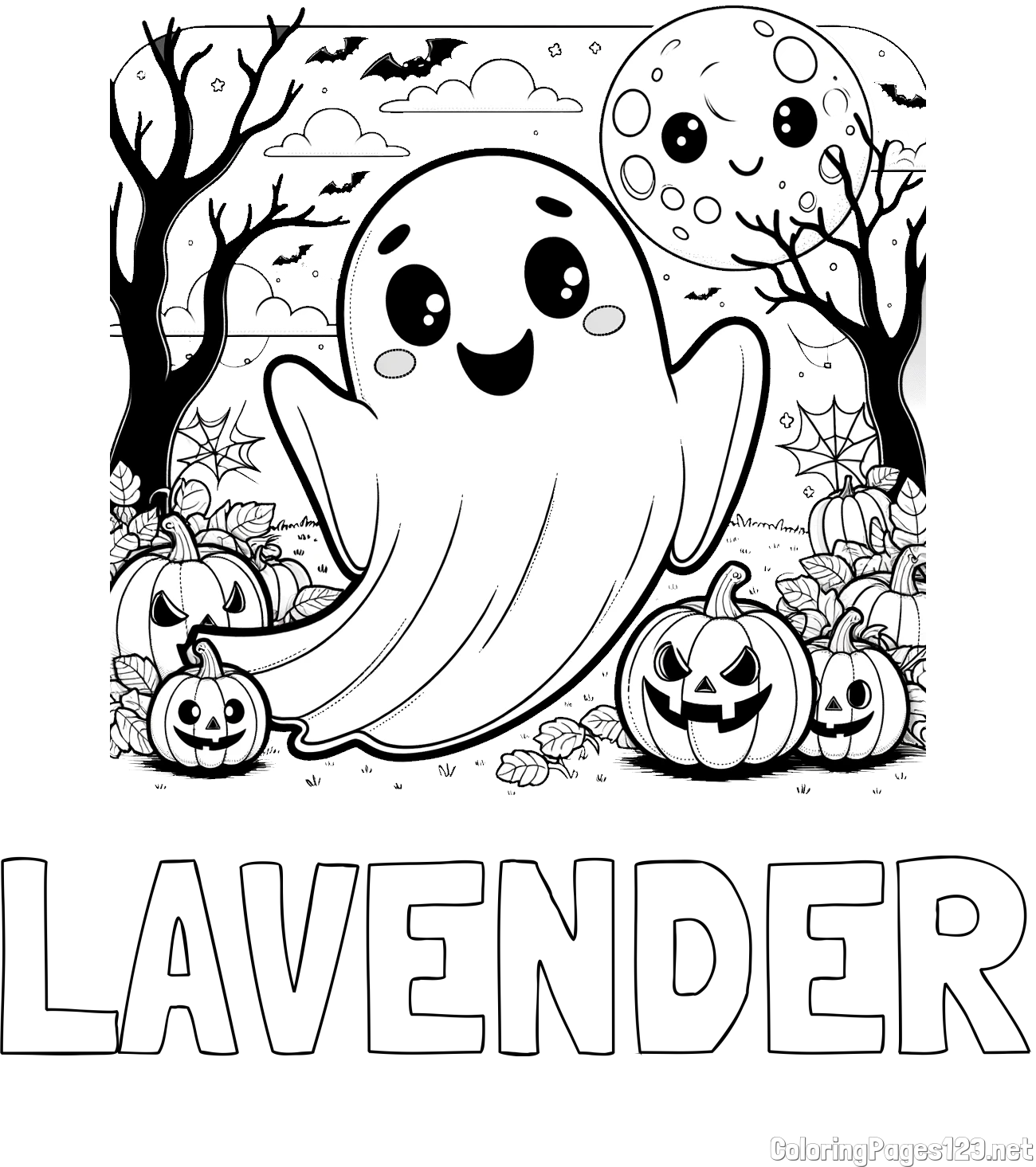 LAVENDER Coloring Page and Halloween Coloring Page of a Ghost with Pumpkins