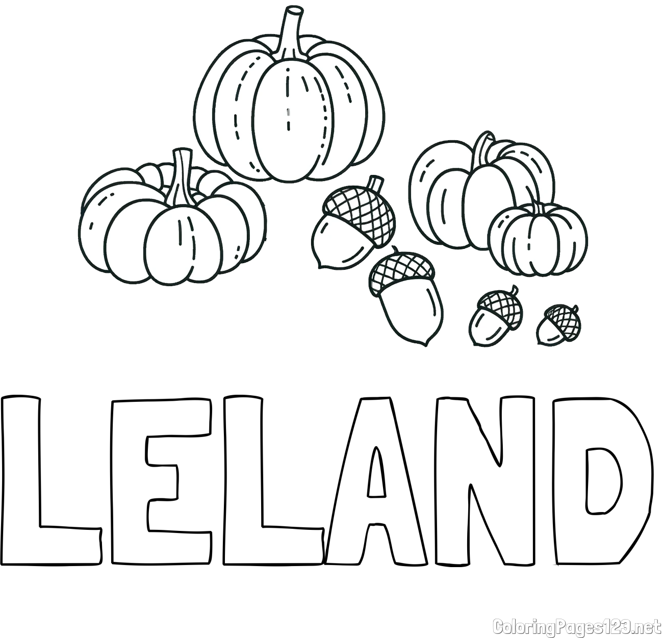 LELAND Coloring Page and Autumn Harvest Coloring Page - Acorns and Pumpkins