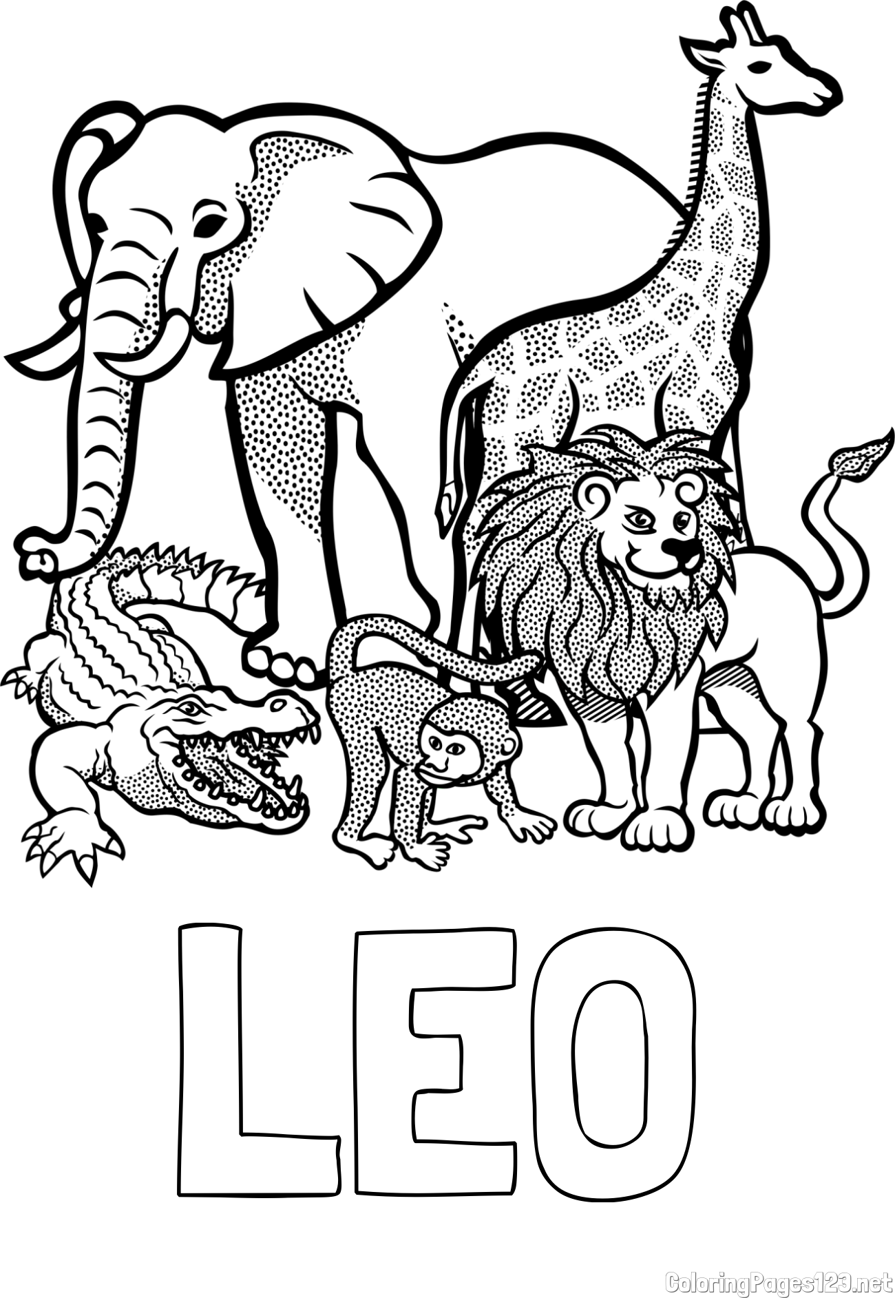 LEO Coloring Page and Zoo Animals Coloring Page - Elephant, Tiger, Monkey, and Crocodile