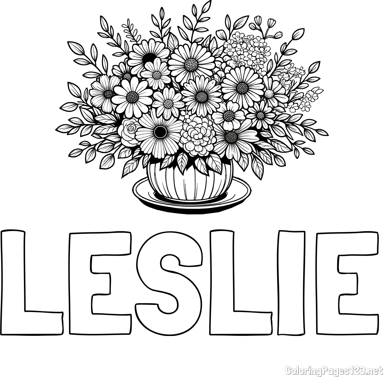 LESLIE Coloring Page and Beautiful Bouquet of Flowers Coloring Page