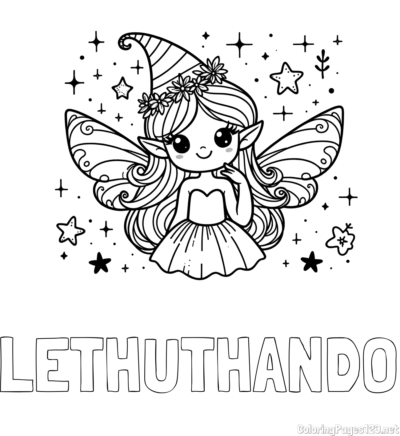 LETHUTHANDO Coloring Page and Coloring Page of a Cute and Smiling Magical Fairy