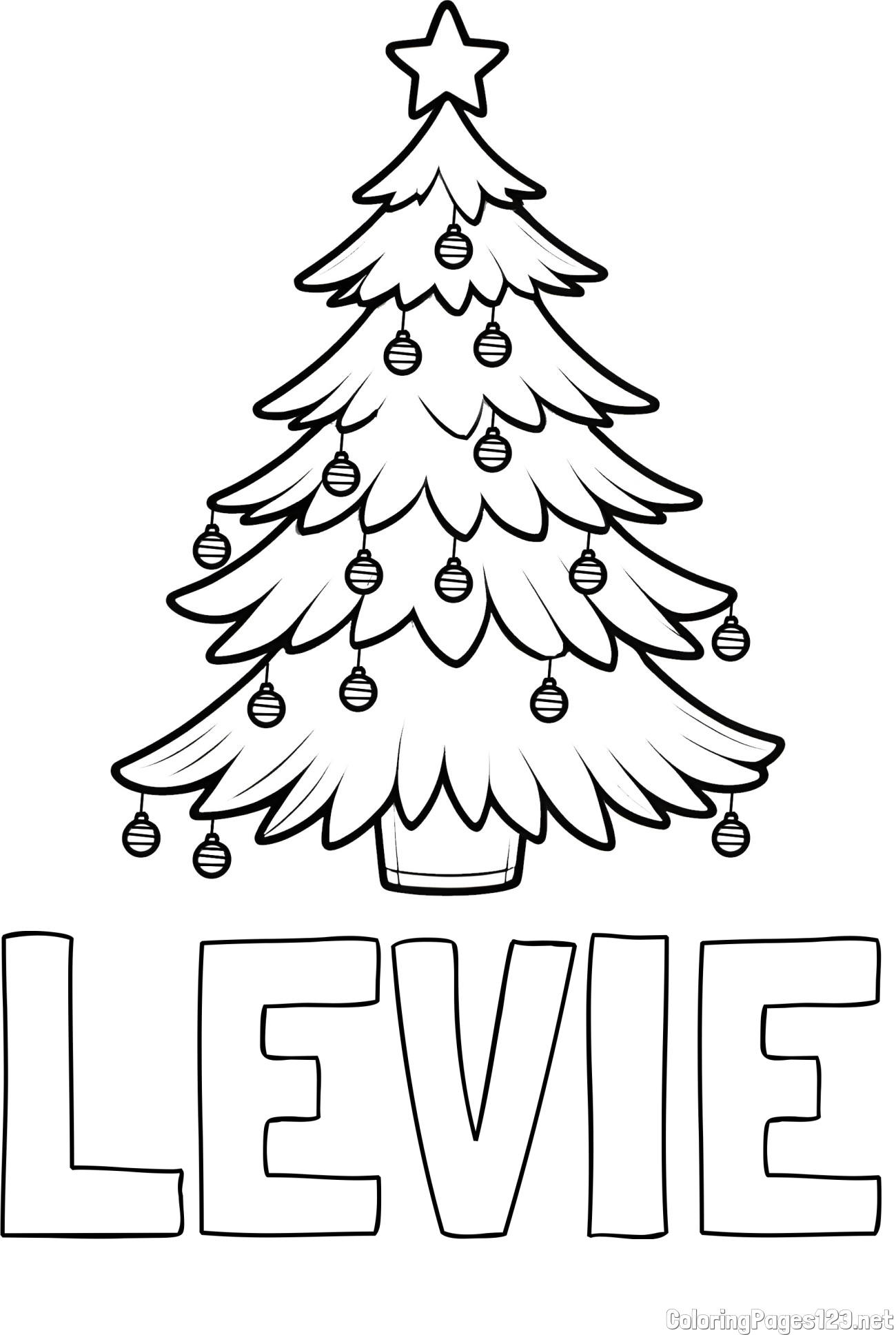 LEVIE Coloring Page and Christmas Tree with Star and Ornaments Coloring Page