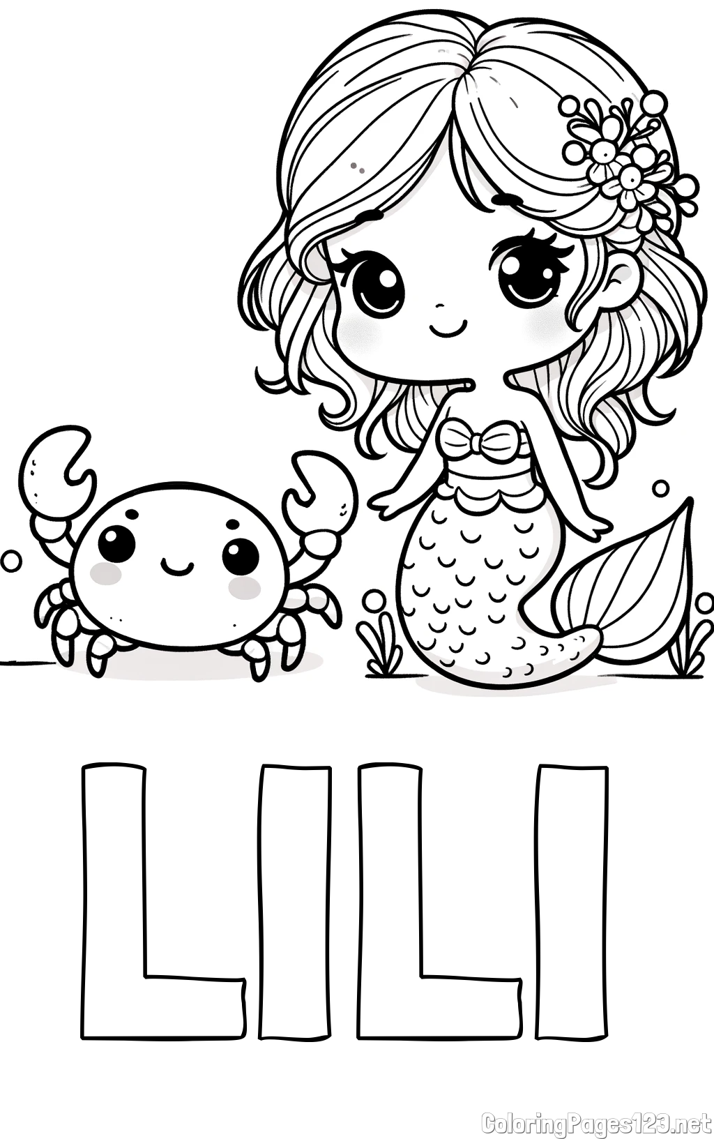 LILI Coloring Page and Coloring Page of a Cute Mermaid and a Cheerful Crab