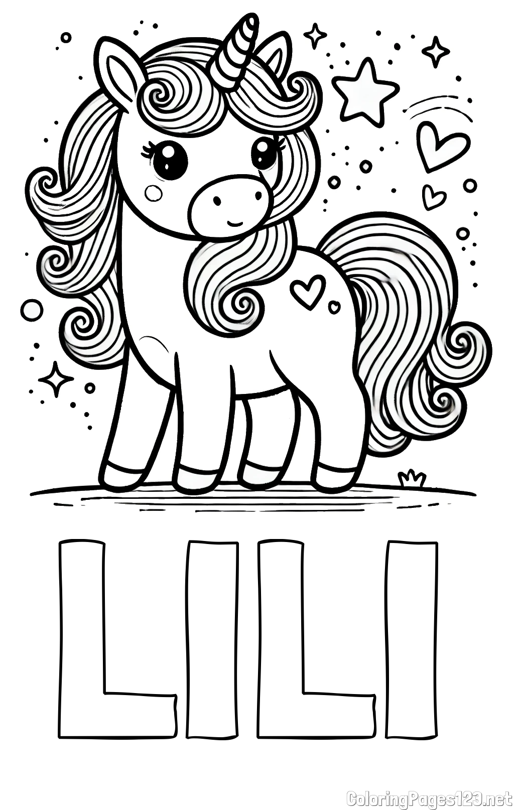 LILI Coloring Page and Cute Unicorn Coloring Page