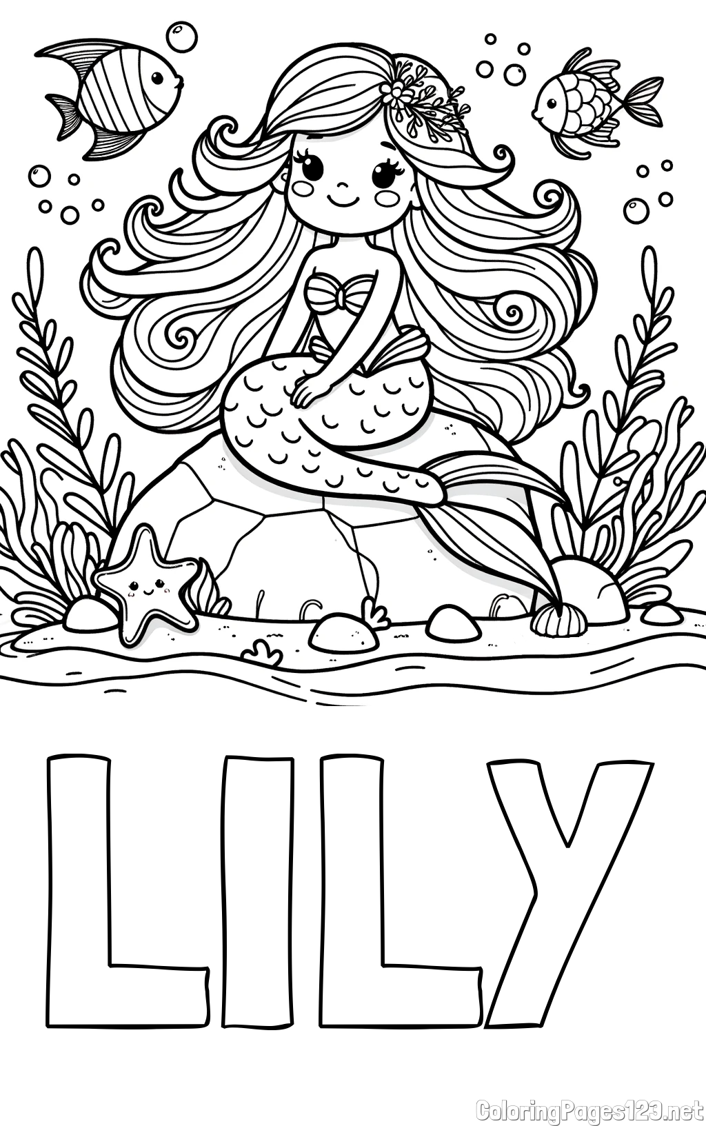 LILY Coloring Page and Coloring Page of a Cute Little Mermaid