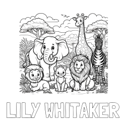Online Created Coloring Page - LILY WHITAKER Coloring Page and Beautiful Animal Coloring Page - Lion Family, Elephant, Giraffe, and Zebra