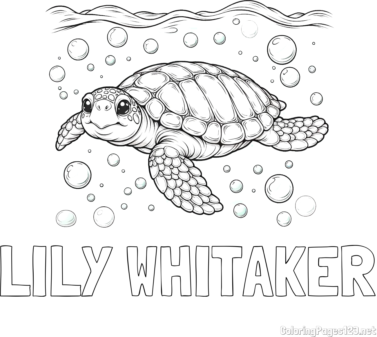 LILY WHITAKER Coloring Page and Coloring Page of a Sea Turtle Swimming in the Ocean