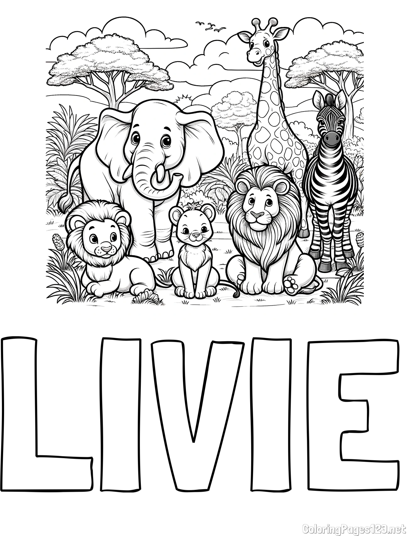 LIVIE Coloring Page and Beautiful Animal Coloring Page - Lion Family, Elephant, Giraffe, and Zebra