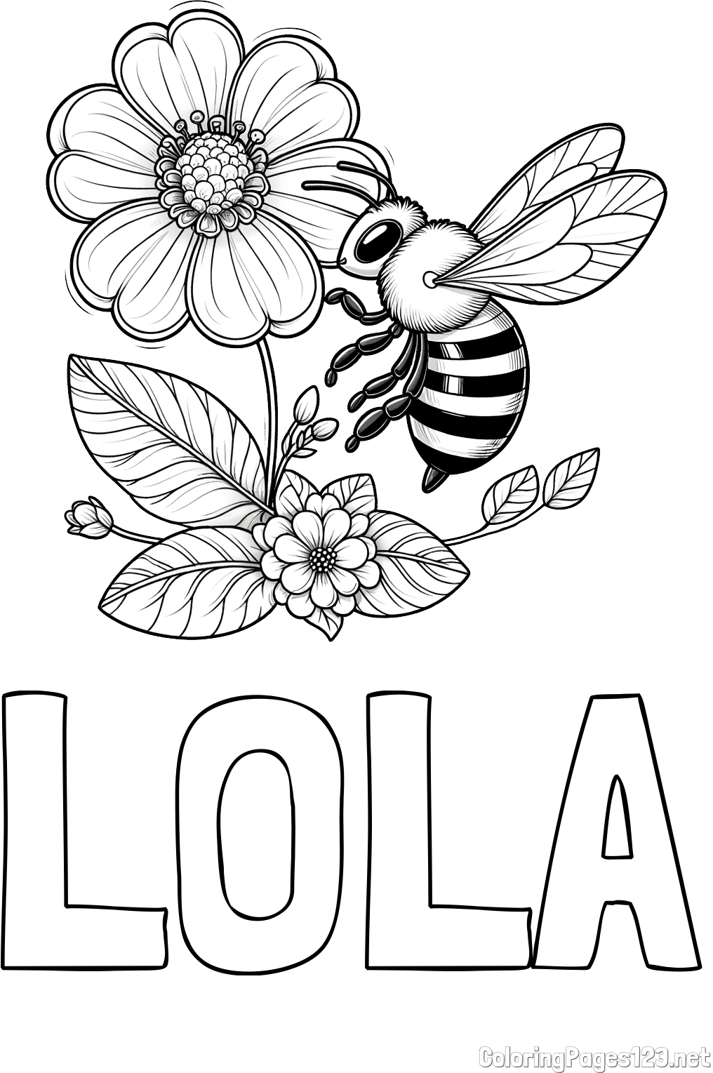 LOLA Coloring Page and Children's Coloring Book of a Little Bee and Flowers
