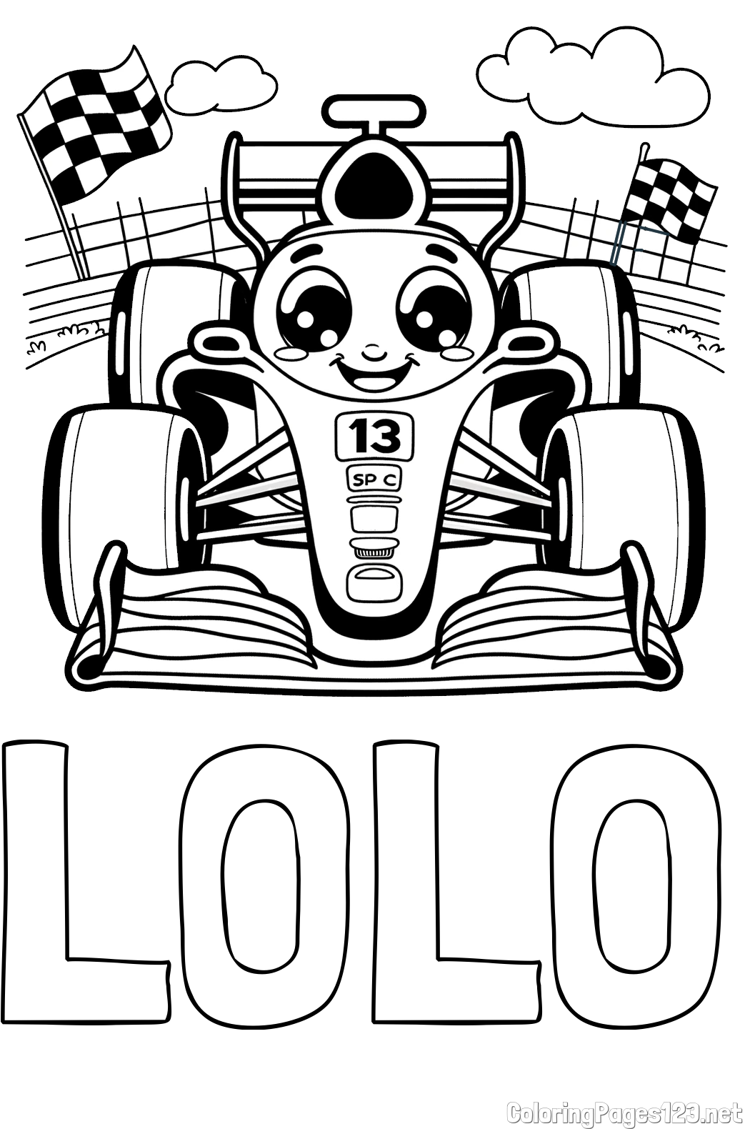 LOLO Coloring Page and Children's Coloring Page of a Smiling Formula One Car