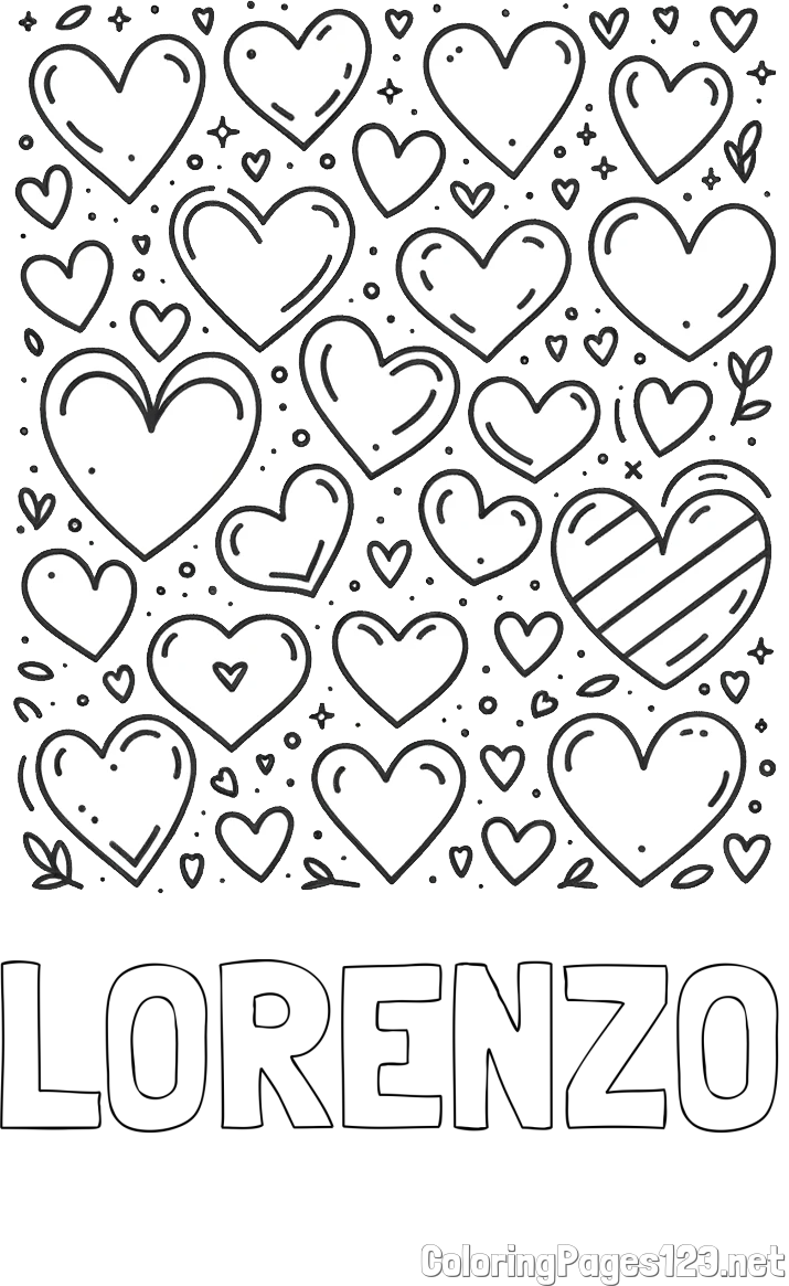 LORENZO Coloring Page and Children's Coloring Page of Many Hearts