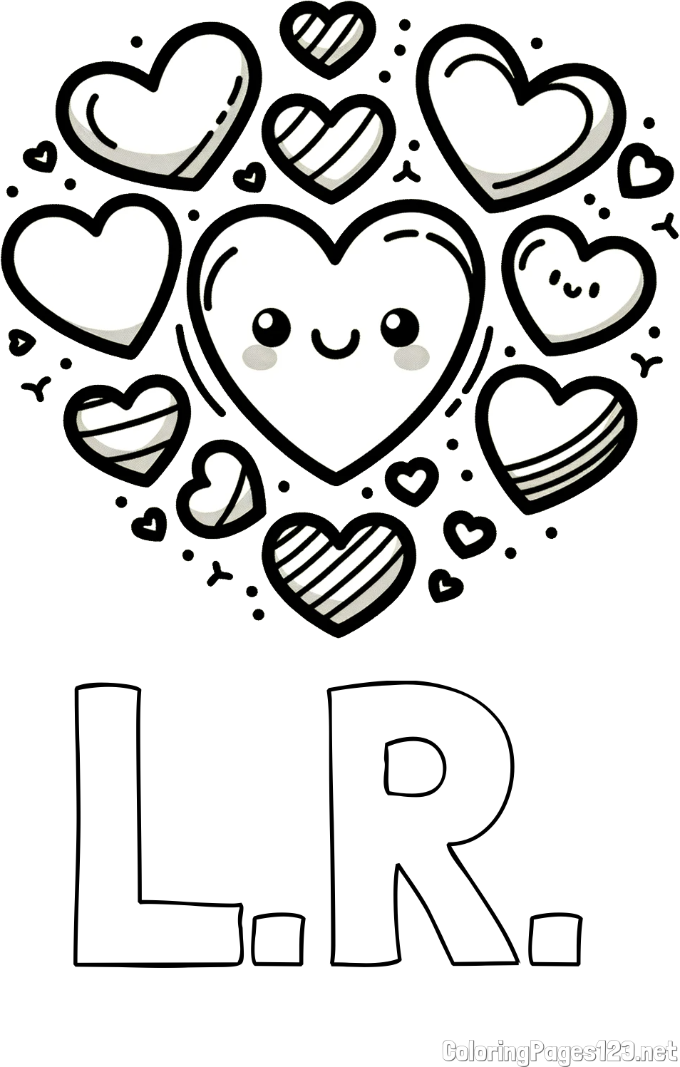 L.R. Coloring Page and Coloring Page of a Cute Cat Surrounded by Hearts