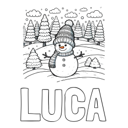 LUCA Coloring Page alongside Coloring Page of a Snowman with Pine Trees in the Background