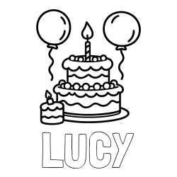 Online Created Coloring Page - LUCY Coloring Page and Birthday Cake Coloring Page with Balloons