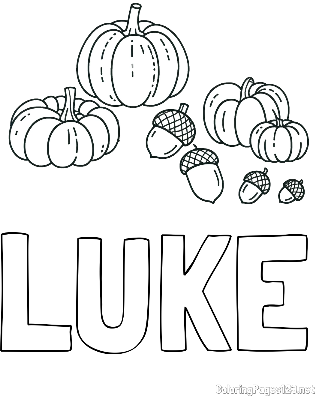 LUKE Coloring Page and Autumn Harvest Coloring Page - Acorns and Pumpkins