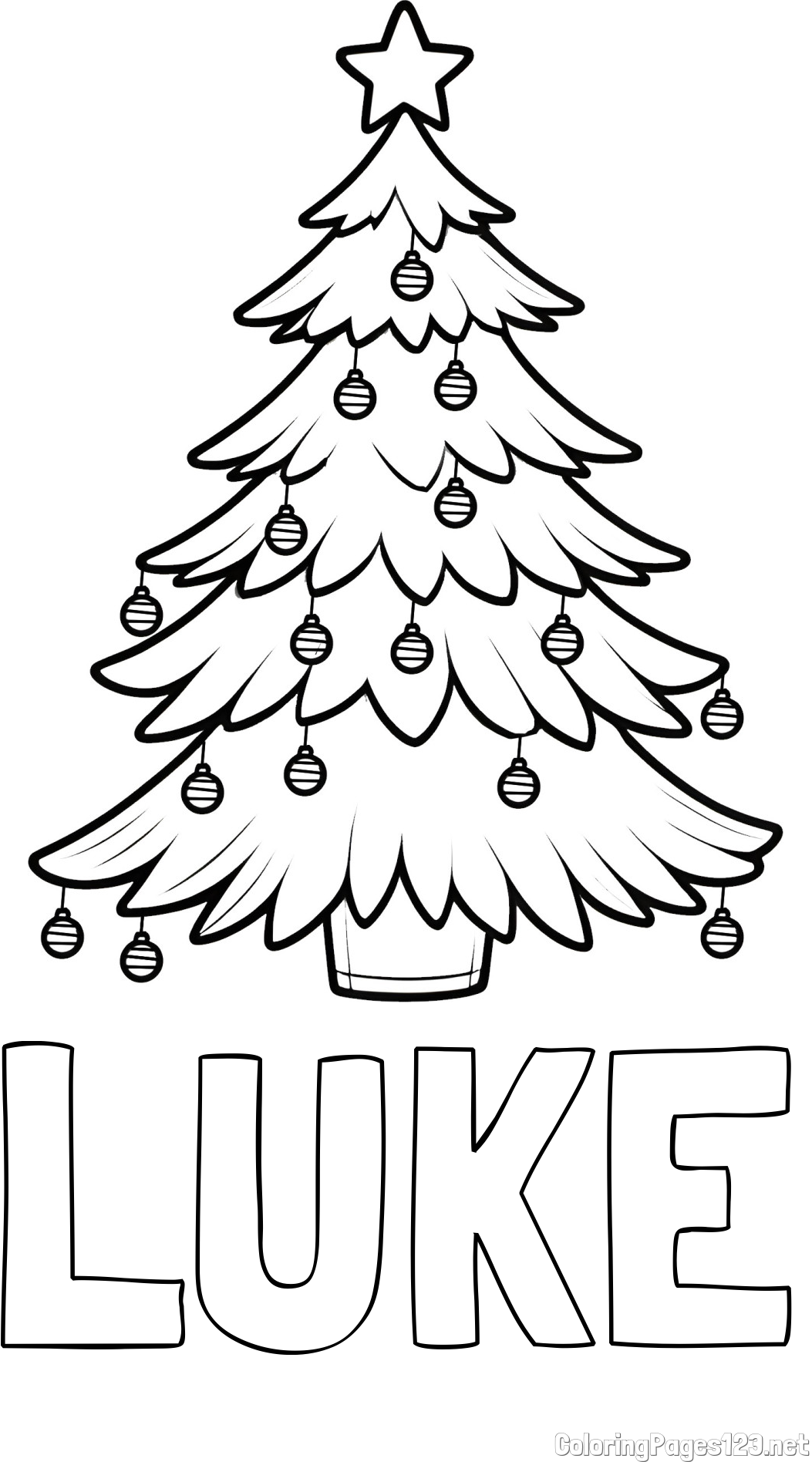 LUKE Coloring Page and Christmas Tree with Star and Ornaments Coloring Page