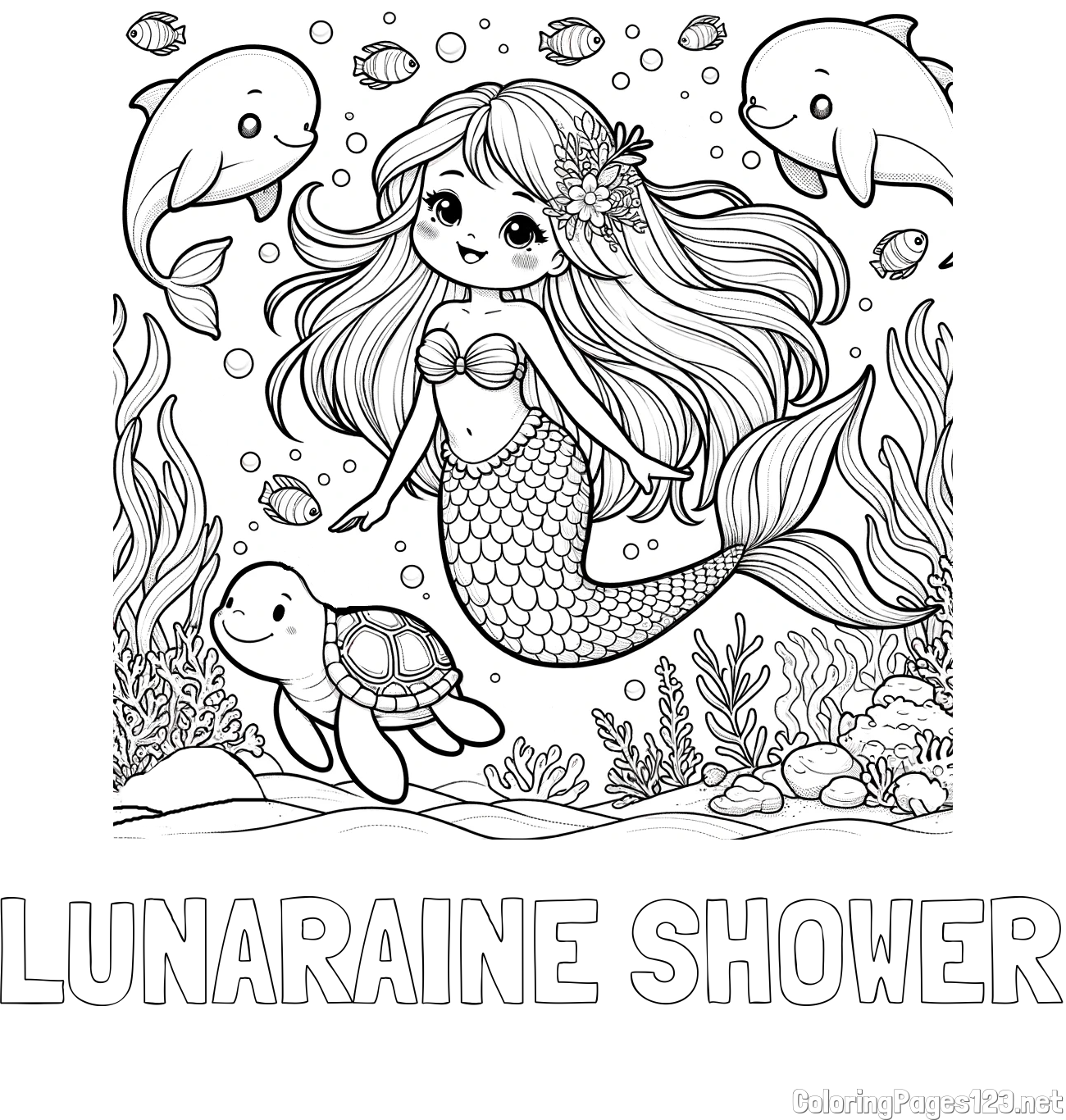 LUNARAINE SHOWER Coloring Page and Coloring Page of a Cute Mermaid with Friends