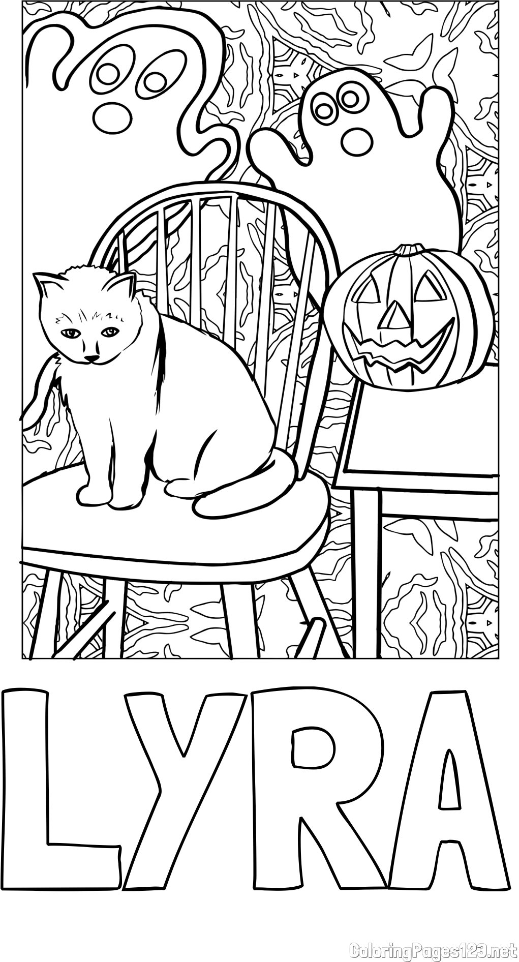 LYRA Coloring Page and Halloween Coloring Page of a Cat with Pumpkin and Spooky Ghosts