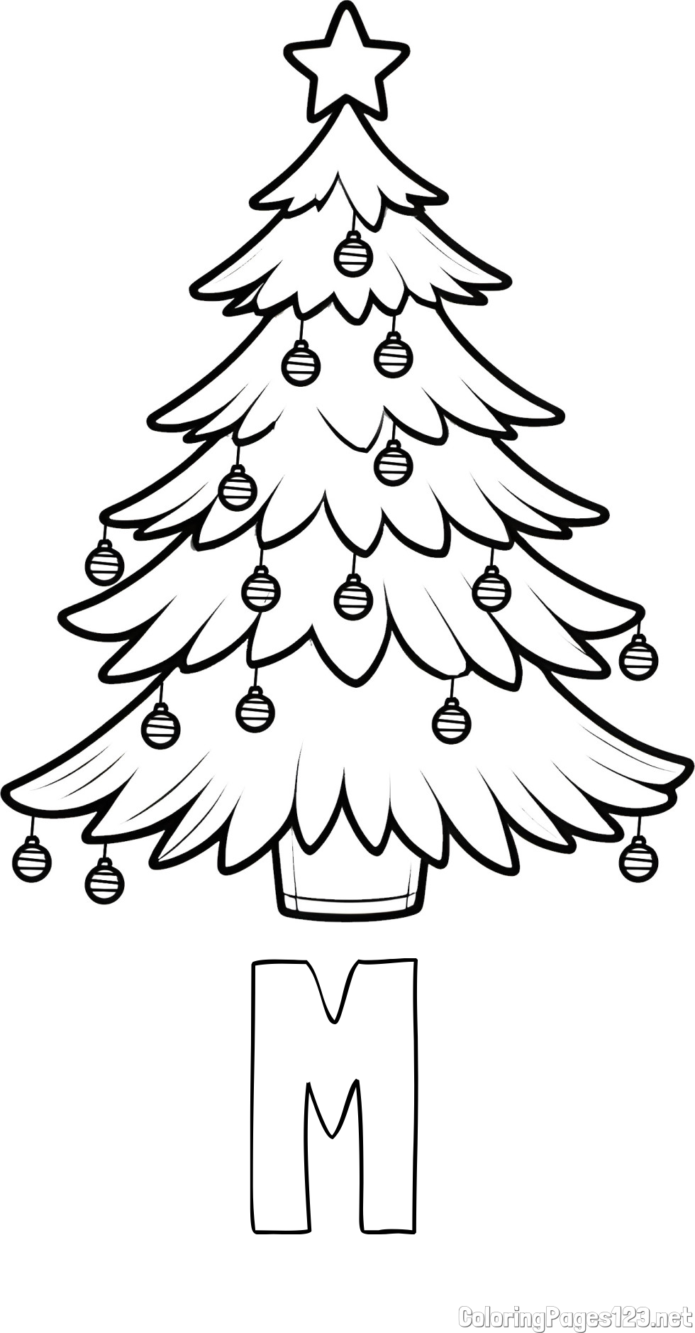 M Coloring Page and Christmas Tree with Star and Ornaments Coloring Page