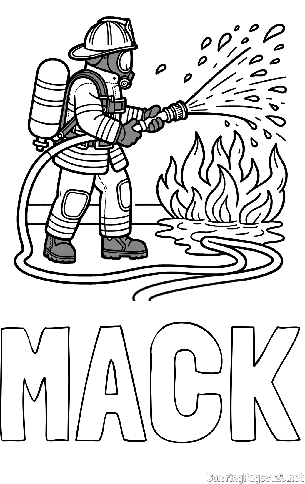 MACK Coloring Page and A coloring page of a firefighter and a big fire