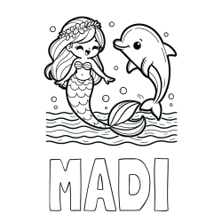 Online Created Coloring Page - MADI Coloring Page and Coloring Page of a Cute Mermaid Dancing with a Dolphin