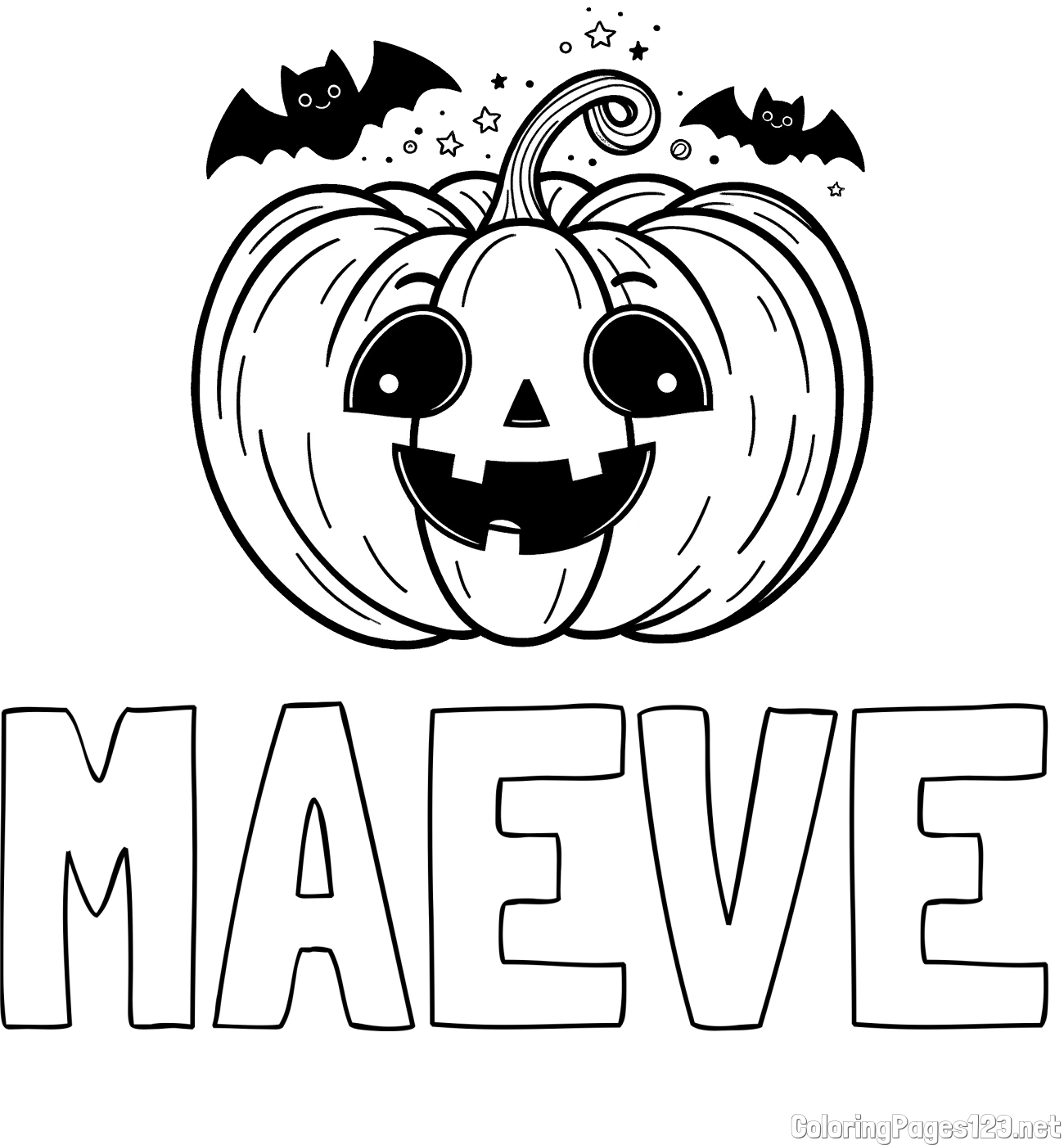 MAEVE Coloring Page and Halloween Pumpkin and Bats Coloring Page