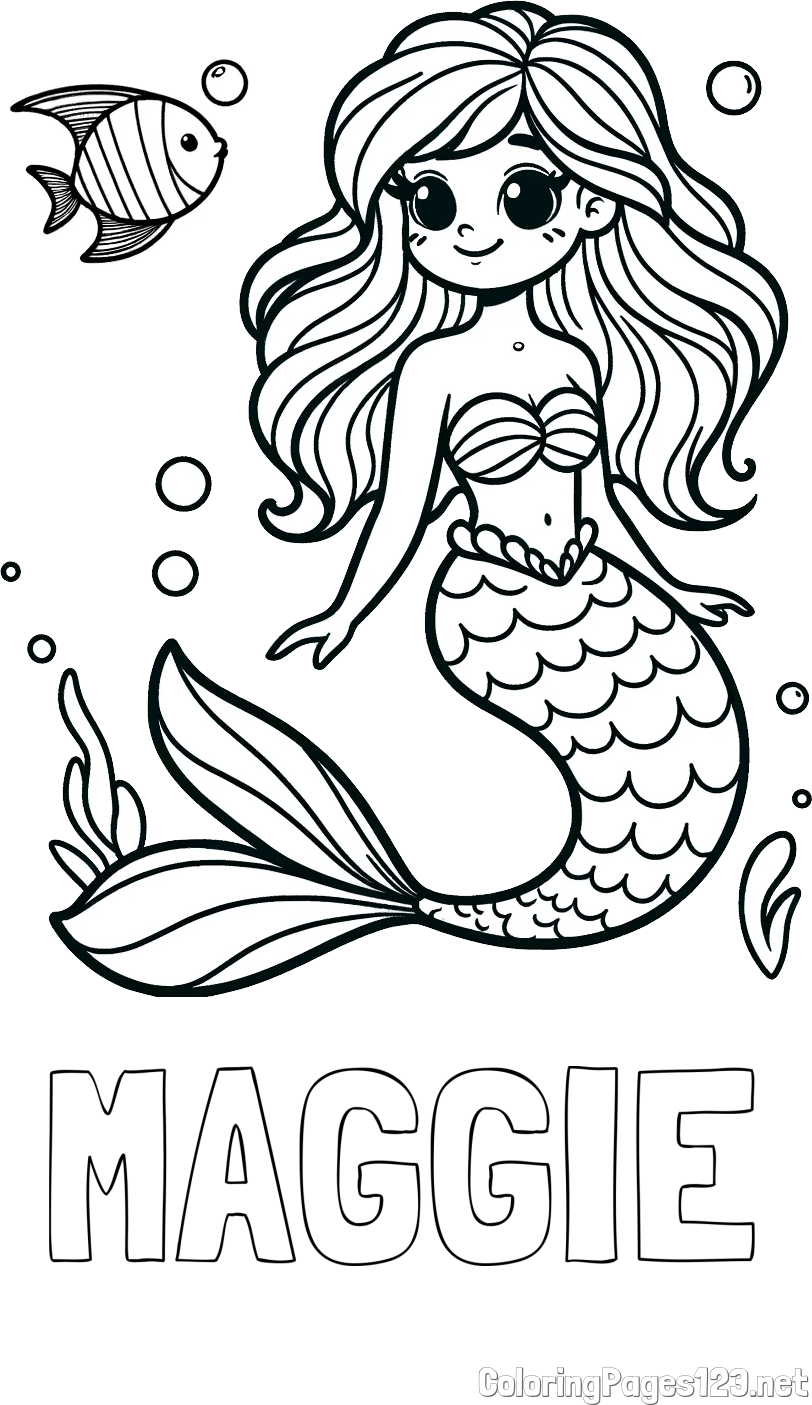 MAGGIE Coloring Page and Coloring Page of a Little Mermaid and Fish