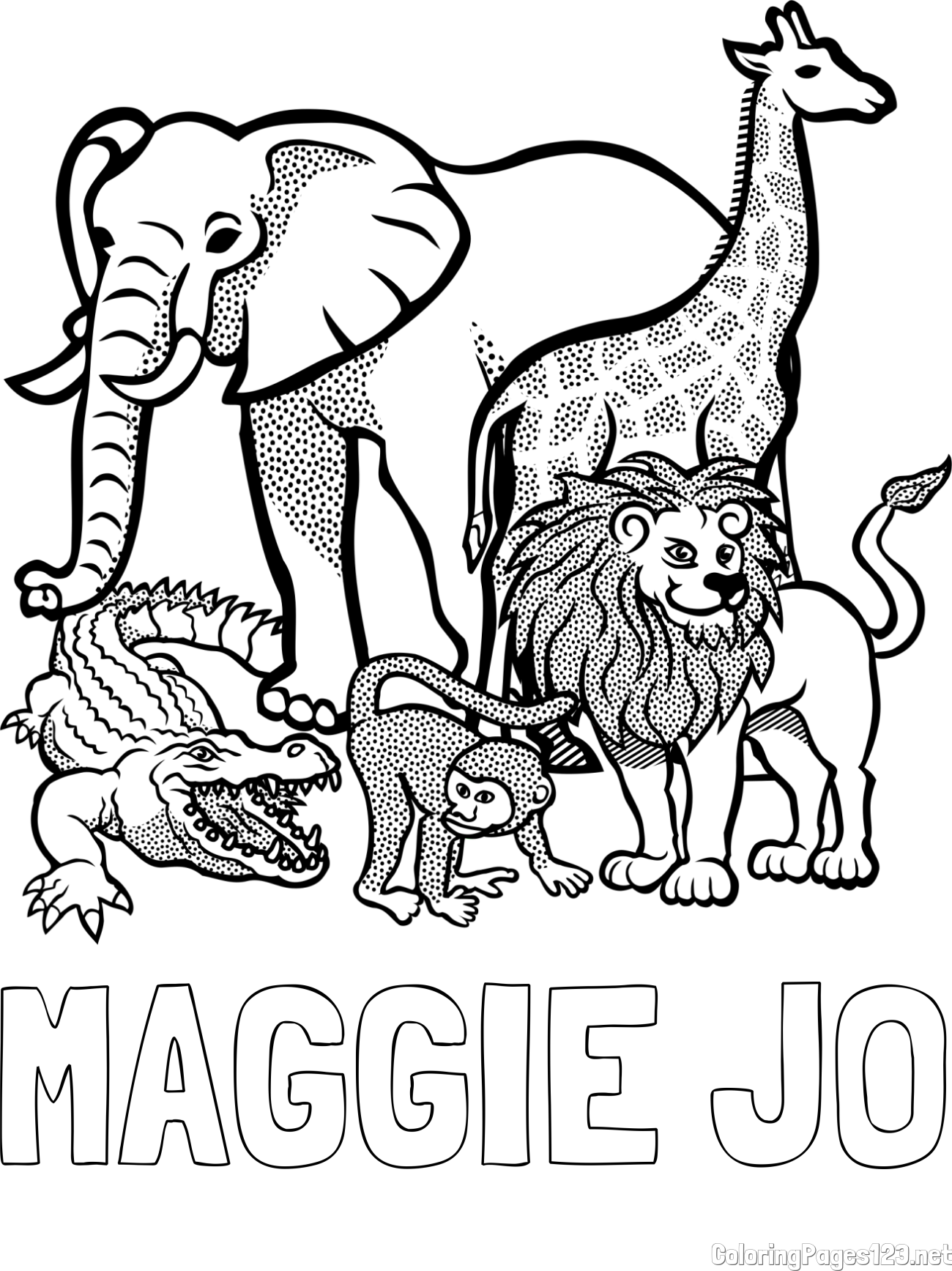 MAGGIE JO Coloring Page alongside Zoo Animals Coloring Page - Elephant, Tiger, Monkey, and Crocodile