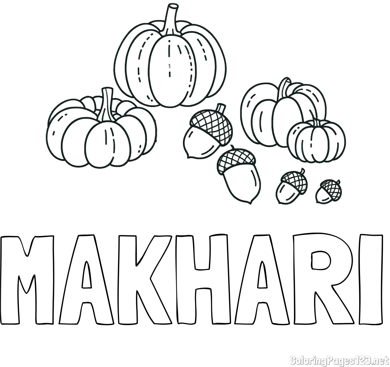 MAKHARI Coloring Page and Autumn Harvest Coloring Page - Acorns and Pumpkins