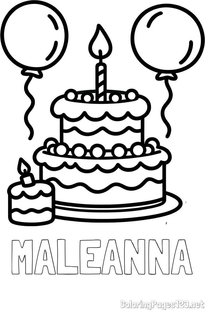 MALEANNA Coloring Page and Birthday Cake Coloring Page with Balloons