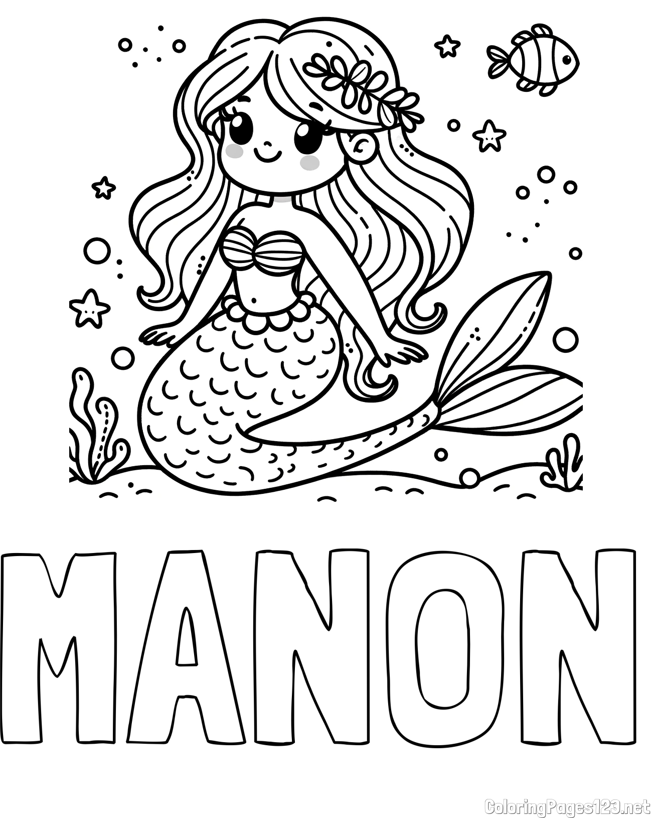 MANON Coloring Page and Coloring Page of a Cute Mermaid in the Sea
