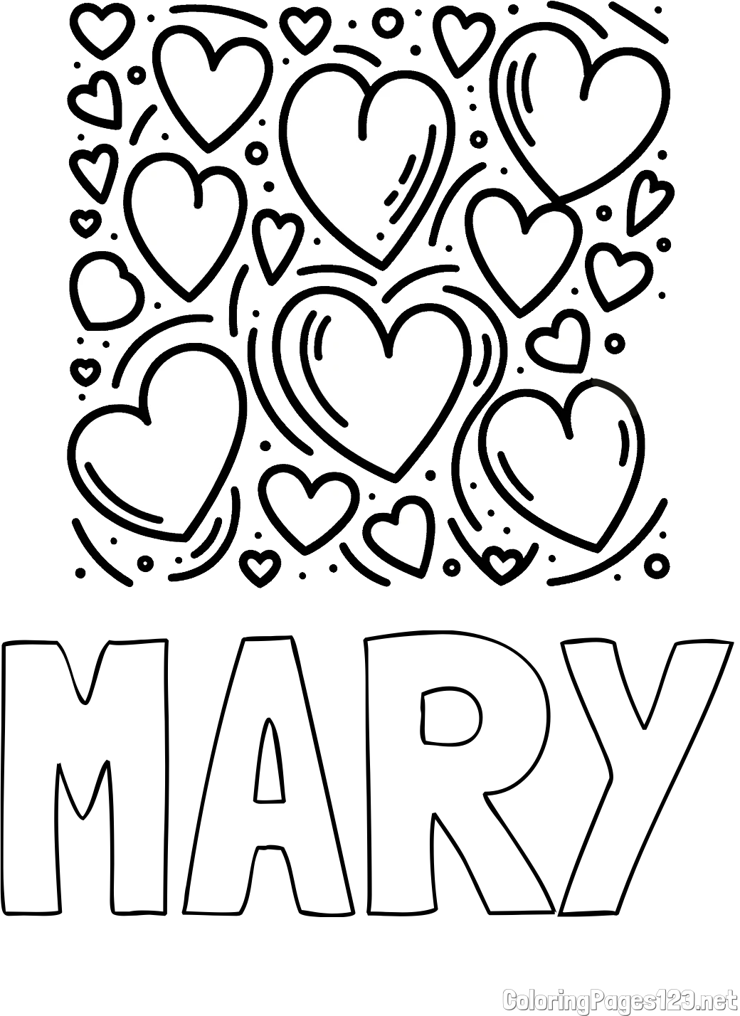 MARY Coloring Page and Free Printable Coloring Page of Hearts