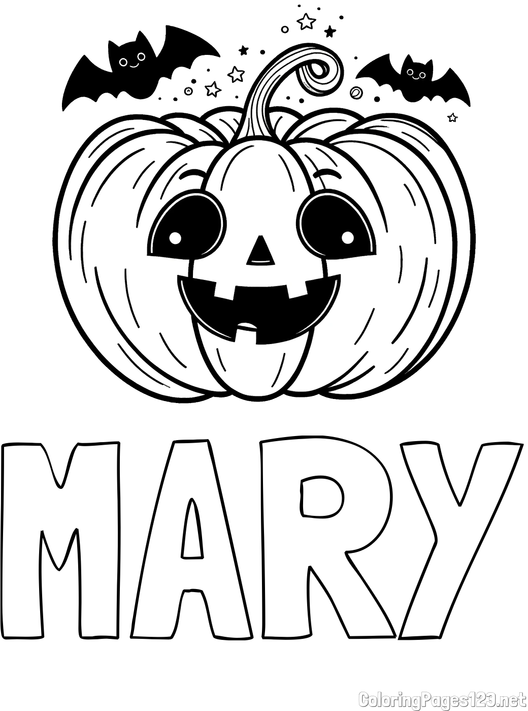 MARY Coloring Page and Halloween Pumpkin and Bats Coloring Page